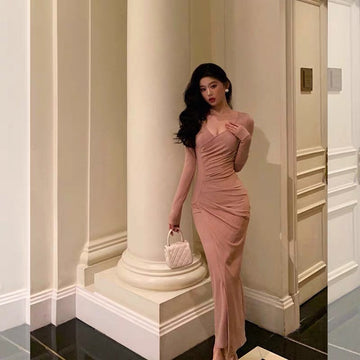 Sheath V Neckline Long Sleeves Pink Prom Dresses Birthday Outfits Evening Gown SD811